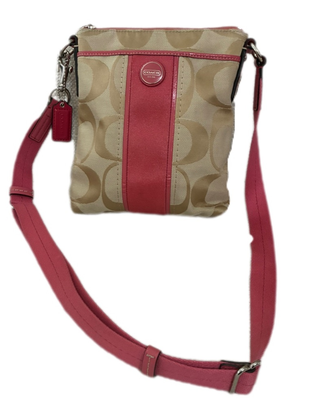 Coach EUC  Beige Signature Crossbody with Pink Leather Trim